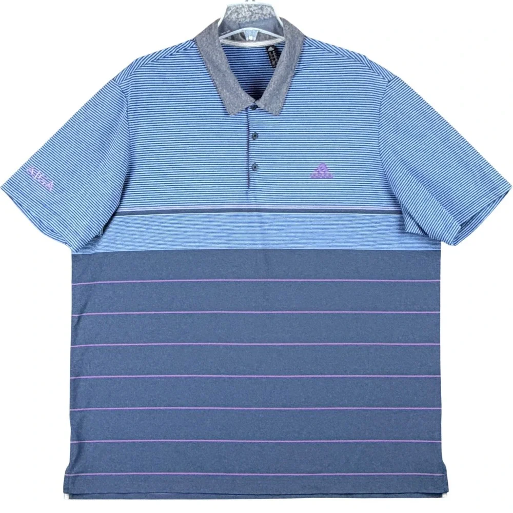 Adidas Men's 2XL Golf Polo Shirt Blue‎ Purple Striped Performance Athletic AJGA